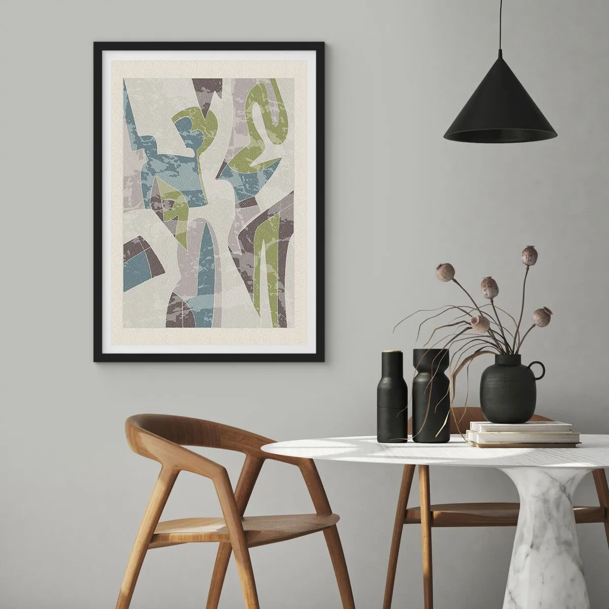 Plagát v čiernom ráme - Abstraktné postavy v odtieňoch zelenej a modrej - 50x70cm - Kompozícia za sklom - Moderná nástenná dekorácia do obývacej izby a spálne ARTTOR
