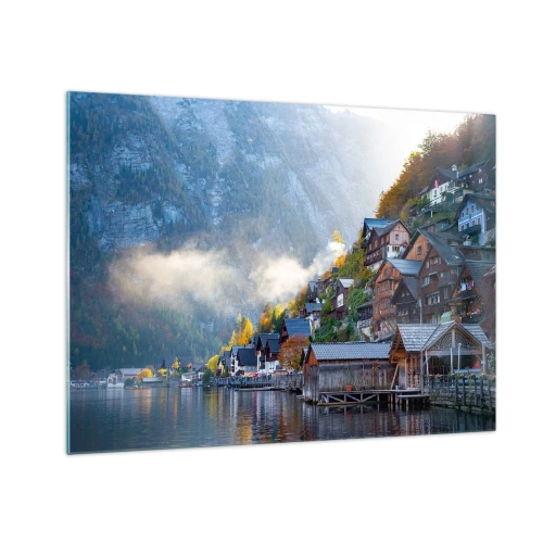 Obraz na skle - Jesenné ráno v horskom mestečku pri jazere - 70x50cm - Alpská krajina - Moderná nástenná dekorácia do obývacej izby a spálne ARTTOR