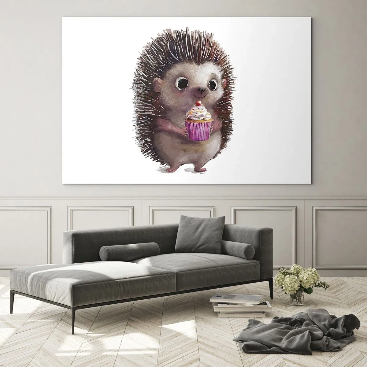 Obraz na skle - Roztomilý ježko s koláčikom na bielom pozadí - 70x50cm - Oslava je každý deň - Moderná nástenná dekorácia do obývacej izby a spálne ARTTOR