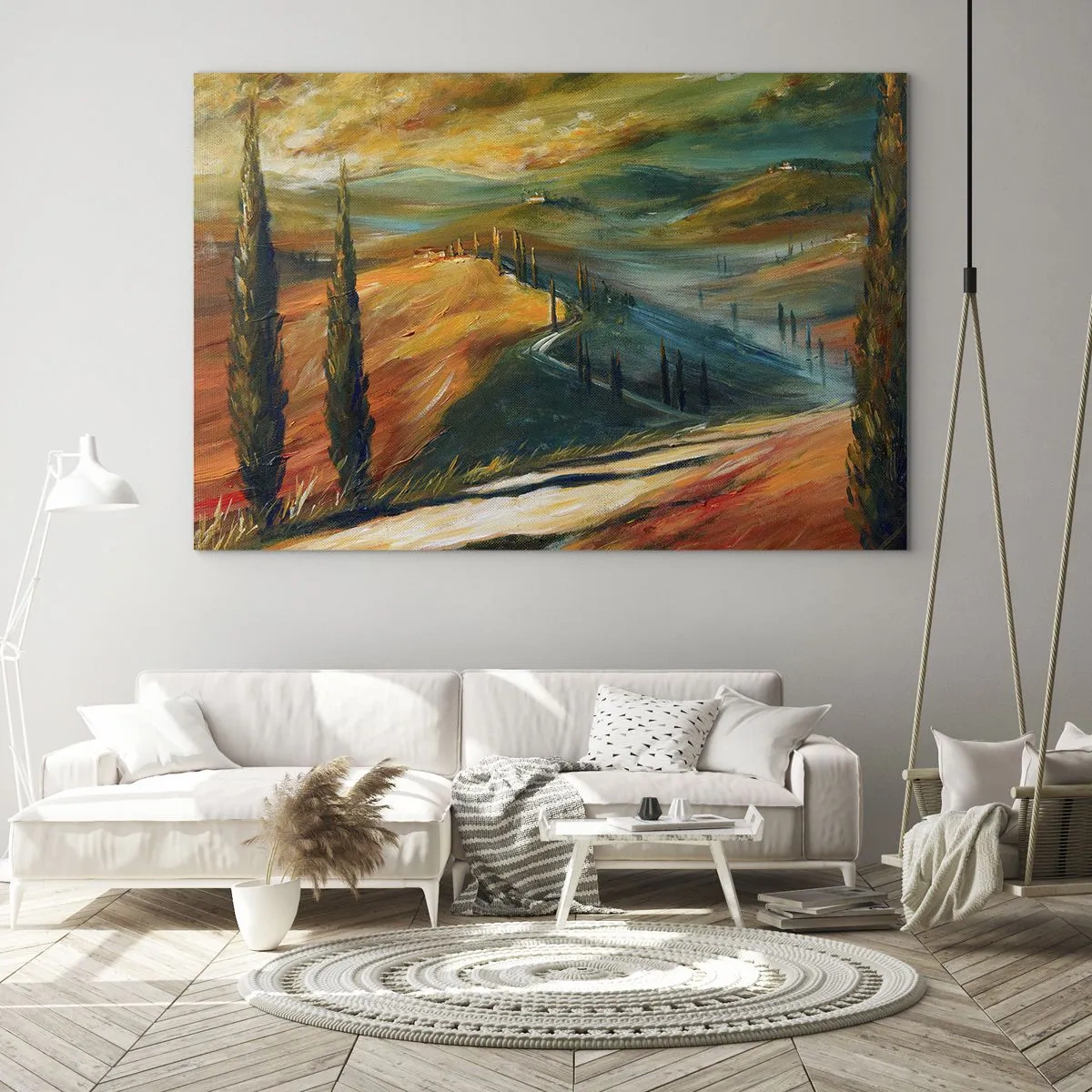 Obraz na skle - Západ slnka nad toskánskym kopcom - 70x50cm - Toskánska krajina - Moderná nástenná dekorácia do obývacej izby a spálne ARTTOR