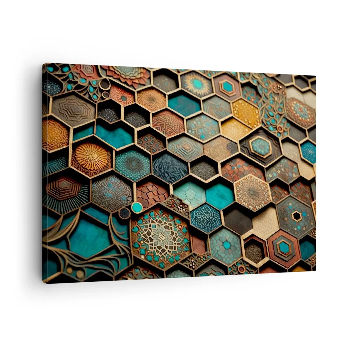 Obraz na plátne - Farebné ornamenty v šesťuholníkových vzoroch - 70x50cm - Arabské ornamenty – variácia - Moderná nástenná dekorácia do obývacej izby a spálne ARTTOR