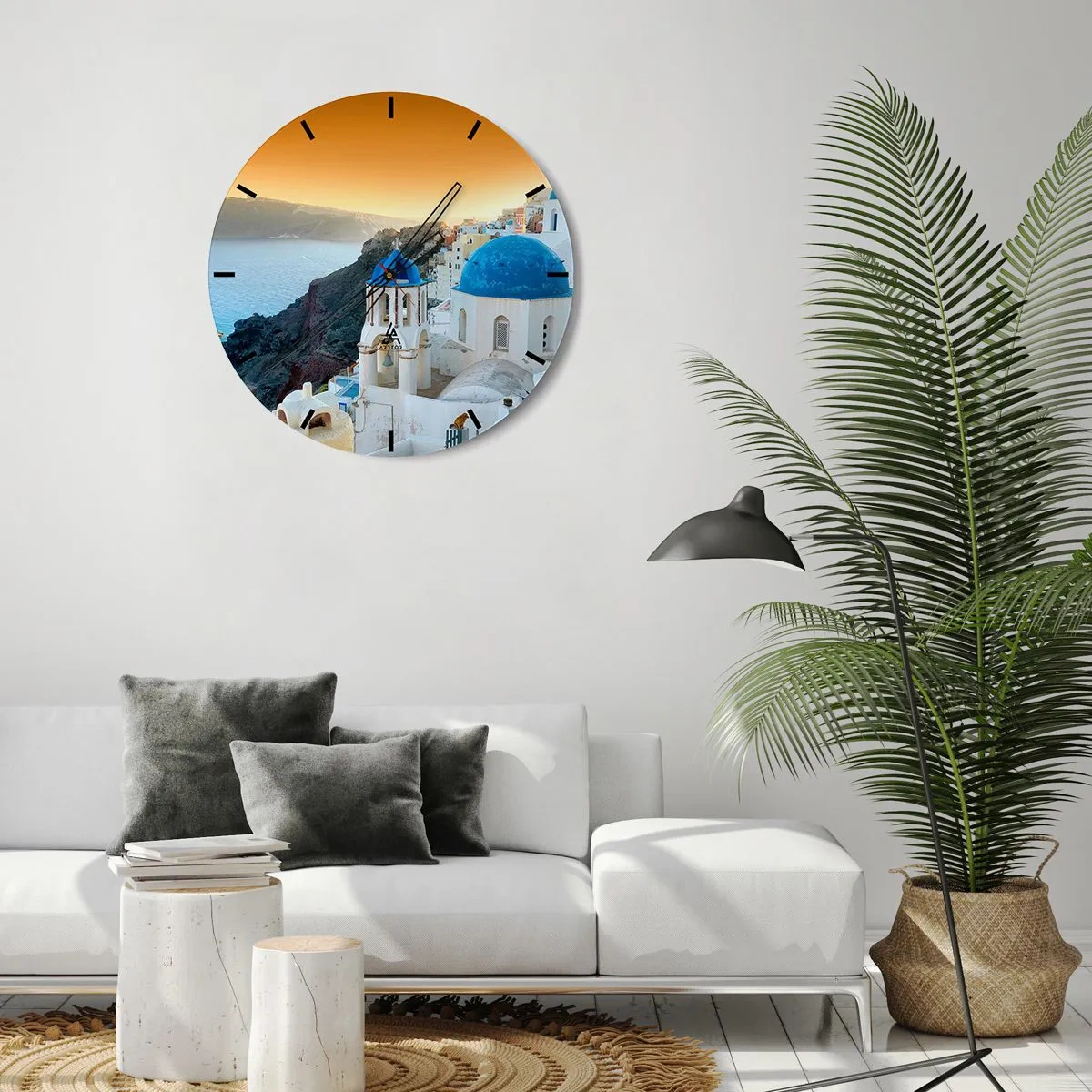 Nástenné hodiny - Santorini s výhľadom na more pri západe slnka - 30x30cm - Santorini - v náruči skál - Moderná nástenná dekorácia do obývacej izby, kuchyne a spálne ARTTOR