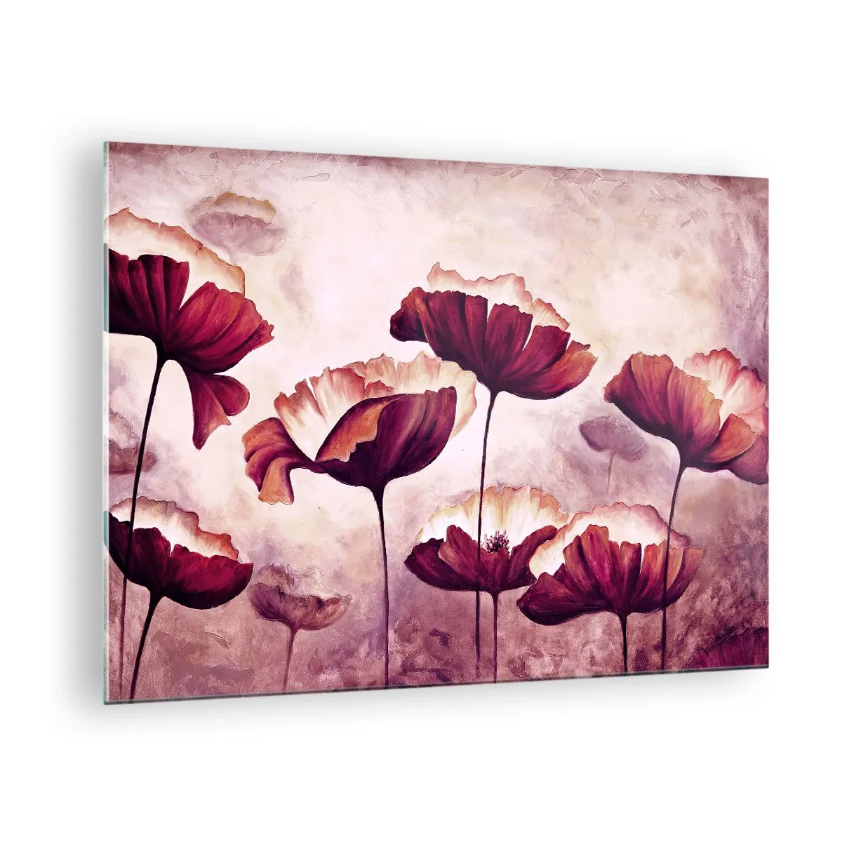 Obraz na skle - Červené a biele vlčie maky proti jasnej oblohe - 70x50cm - Červený a biely plátok - Moderná nástenná dekorácia do obývacej izby a spálne ARTTOR