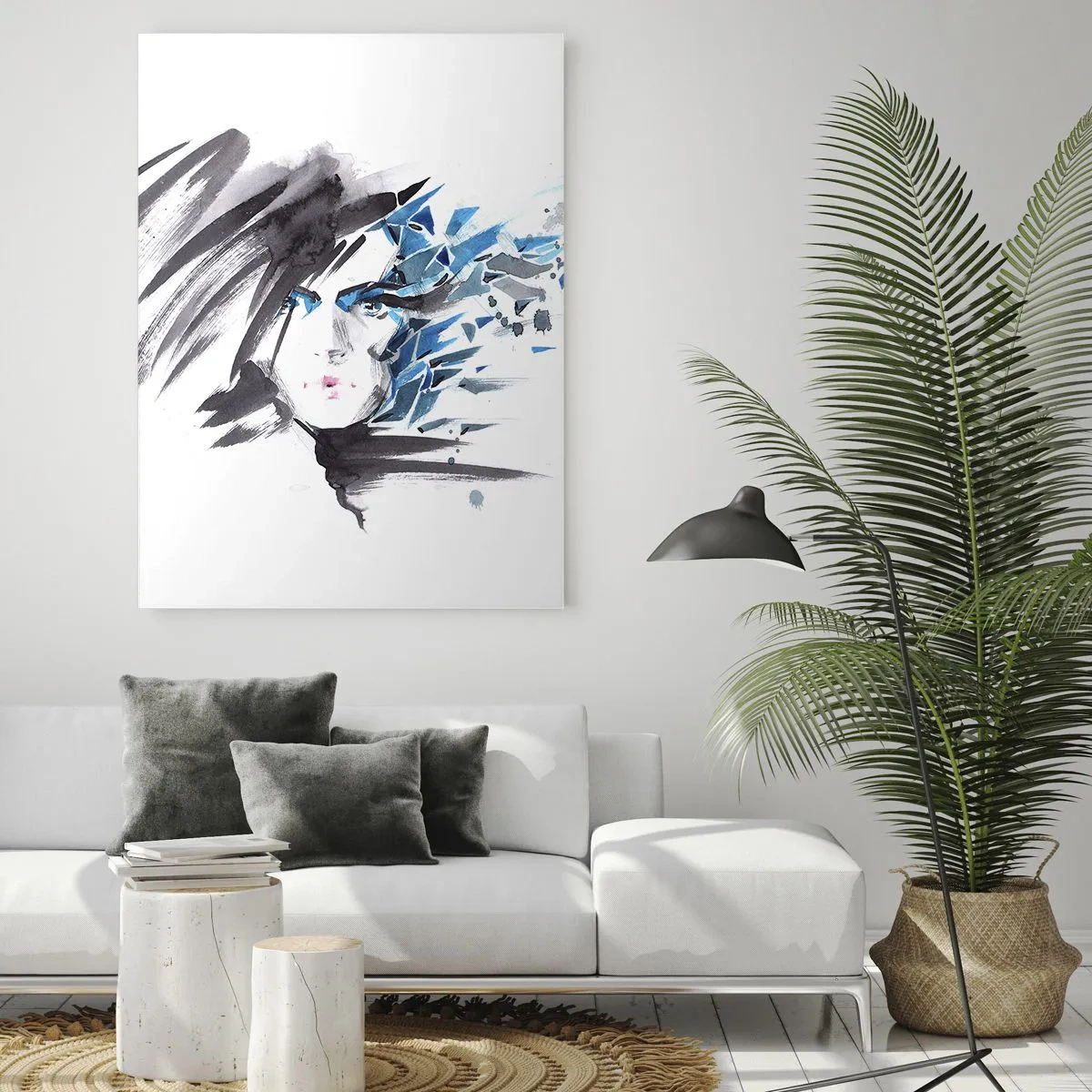 Obraz na skle - Zmyselný portrét v šedej a modrej - 50x70 cm