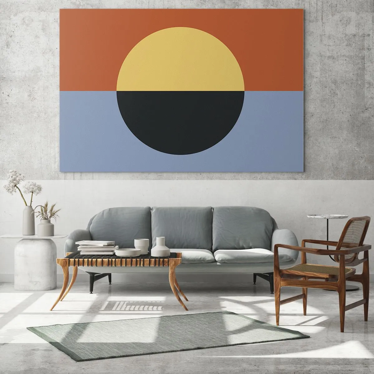 Obraz na skle - Abstraktná kompozícia s kruhom v teplých a studených odtieňoch - 70x50cm - Kompozícia tepla a chladu - Moderná nástenná dekorácia do obývacej izby a spálne ARTTOR