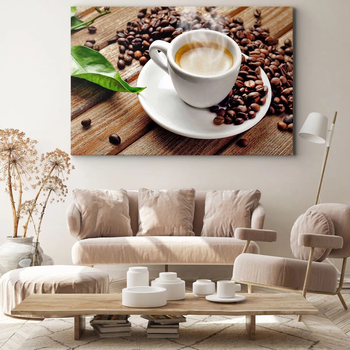 Obraz na plátne - Šálka aromatickej kávy na pozadí fazule a listu - 70x50cm - Káva na lavici - Moderná nástenná dekorácia do obývacej izby a spálne ARTTOR