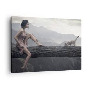 Obraz na plátne - Žena a mačka na kmeni stromu v daždi s výhľadom na hory. - 70x50cm - Vrcholy krásy - Moderná nástenná dekorácia do obývacej izby a spálne ARTTOR