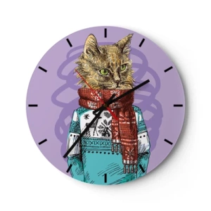 Nástenné hodiny - Mačka v zimnom oblečení so šatkou na fialovom pozadí - 30x30cm - Mačka nielen v topánkach - Moderná nástenná dekorácia do obývacej izby, kuchyne a spálne ARTTOR