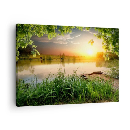 Obraz na plátne - Zelená krajina s jazerom pri západe slnka - 70x50cm - Krajina v zelenom ráme - Moderná nástenná dekorácia do obývacej izby a spálne ARTTOR