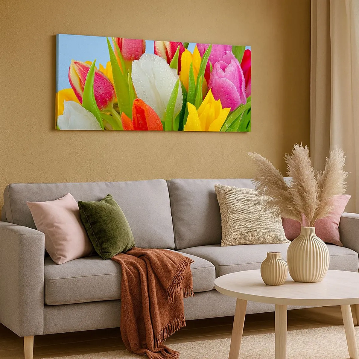 Obraz na plátne - Kvetinová dúha v kvapkách rosy - 100x40 cm