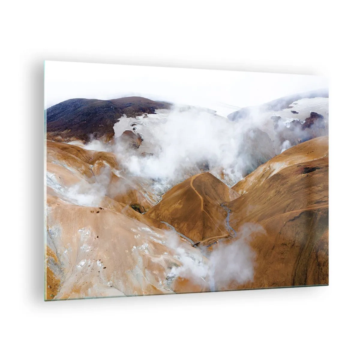 Obraz na skle - Letecký pohľad na horúce islandské kopce a údolia - 70x50cm - Drsná krása Islandu - Moderná nástenná dekorácia do obývacej izby a spálne ARTTOR