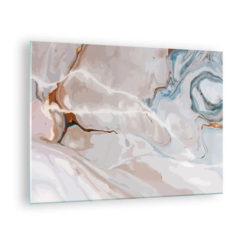 Obraz na skle - Umelecký vzor v neutrálnych tónoch s modrými akcentmi - 70x50cm - Modré meandre pod bielou - Moderná nástenná dekorácia do obývacej izby a spálne ARTTOR