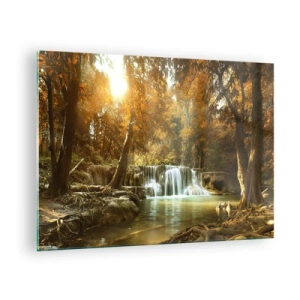 Obraz na skle - Vodopád v parku obklopenom stromami v jesenných farbách - 70x50cm - Parkový vodopád - Moderná nástenná dekorácia do obývacej izby a spálne ARTTOR