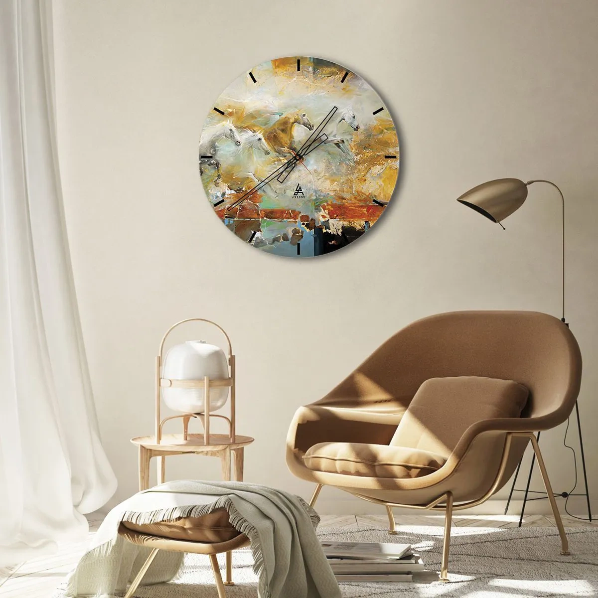 Nástenné hodiny - Abstraktné kone v dynamickom pohybe - 30x30cm - Cvála svetlom - Moderná nástenná dekorácia do obývacej izby, kuchyne a spálne ARTTOR