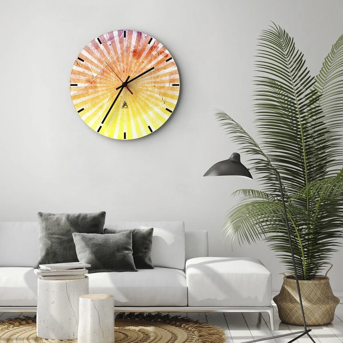 Nástenné hodiny - Žiarivý vzor vo farbách východu a západu slnka - 30x30cm - Východy a západy - Moderná nástenná dekorácia do obývacej izby, kuchyne a spálne ARTTOR