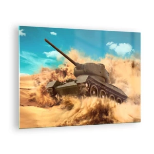 Obraz na skle - Tank v pohybe v púšti s lietajúcim prachom a jasnou oblohou - 70x50cm - Nedá sa poraziť - Moderná nástenná dekorácia do obývacej izby a spálne ARTTOR
