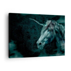 Obraz na plátne - Magický jednorožec v tajomnom, tmavom lese s fantastickými farbami. - 70x50cm - V rozprávkovom lese - Moderná nástenná dekorácia do obývacej izby a spálne ARTTOR