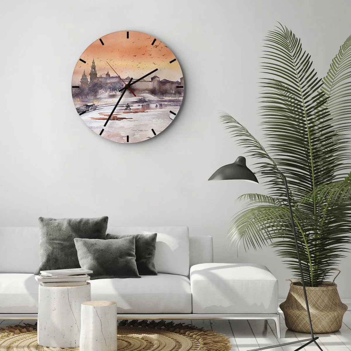 Nástenné hodiny - Západ slnka nad hradom s riekou a vtákmi na oblohe - 30x30cm - Kráľovský západ slnka - Moderná nástenná dekorácia do obývacej izby, kuchyne a spálne ARTTOR