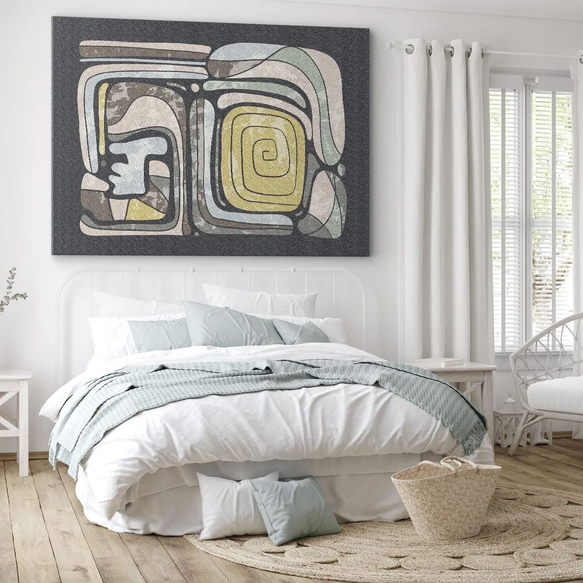 Obraz na plátne - Predkolumbovské vzory v pastelových farbách na tmavom pozadí - 70x50cm - Abstrakcia v predkolumbovskom duchu - Moderná nástenná dekorácia do obývacej izby a spálne ARTTOR