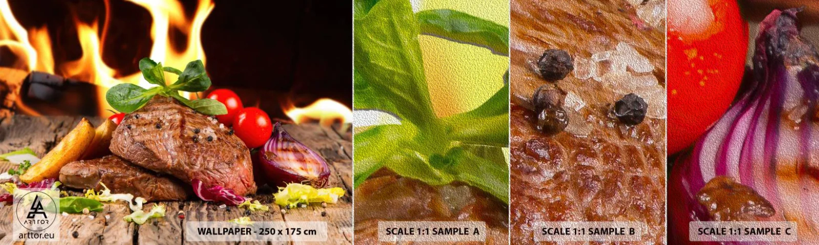 Vzorka fototapety Premium Sand - Vykúzlené žiarou - Gastronómia, steak, Plamene ohňa - 100x30 cm