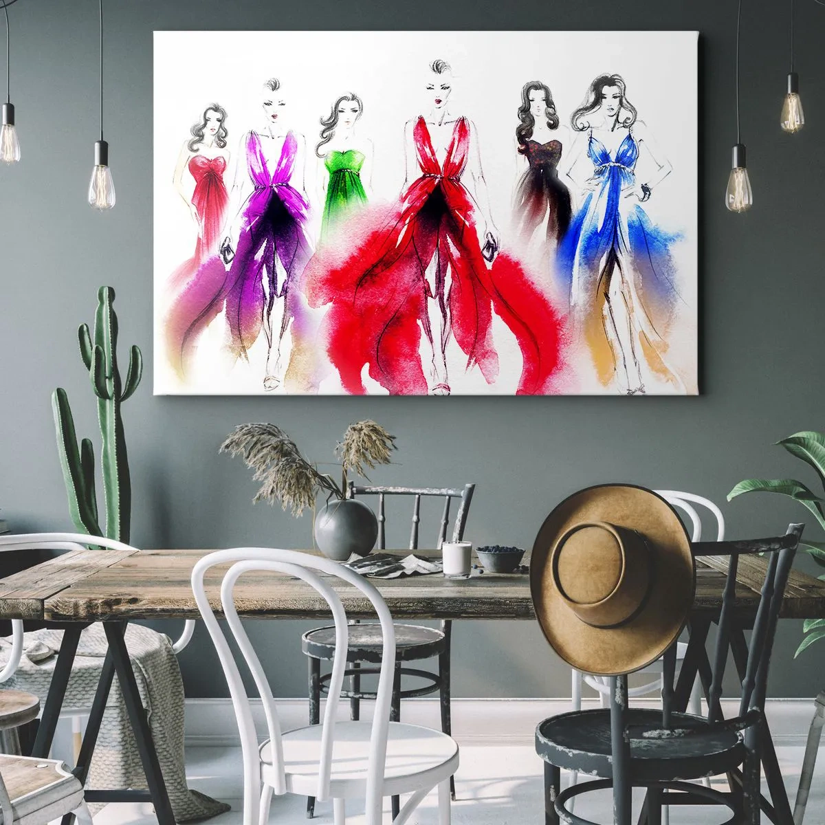 Obraz na plátne - Módna ilustrácia s modelkami vo farebných šatách - 70x50cm - Nálada na kostýmy - Moderná nástenná dekorácia do obývacej izby a spálne ARTTOR