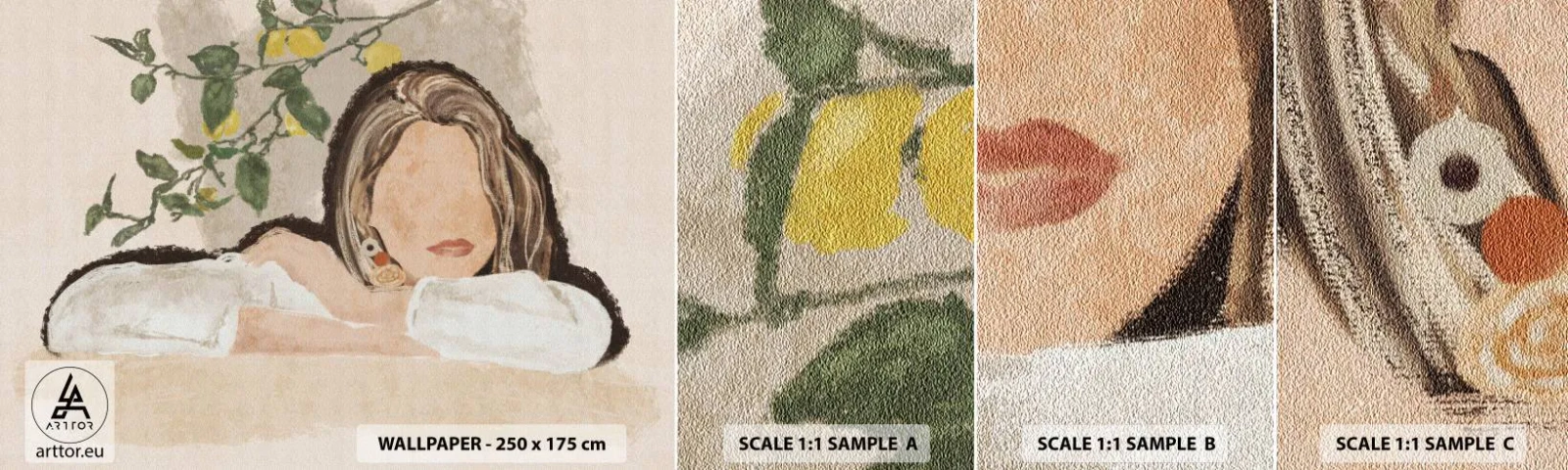 Vzorka samolepiacej fototapety Deluxe Sticker - Kráska z juhu - Žena, Citróny, Minimalizmus - 100x30 cm