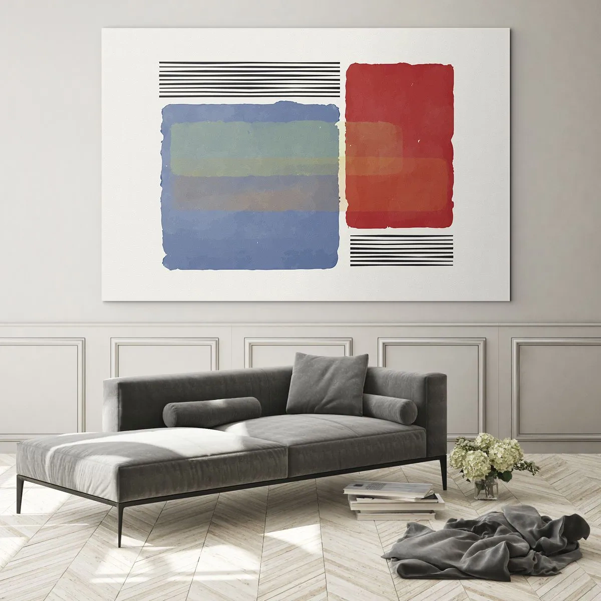 Obraz na skle - Geometrická kompozícia s červenými a modrými obdĺžnikmi - 70x50cm - Duch a písmeno geometrie - Moderná nástenná dekorácia do obývacej izby a spálne ARTTOR