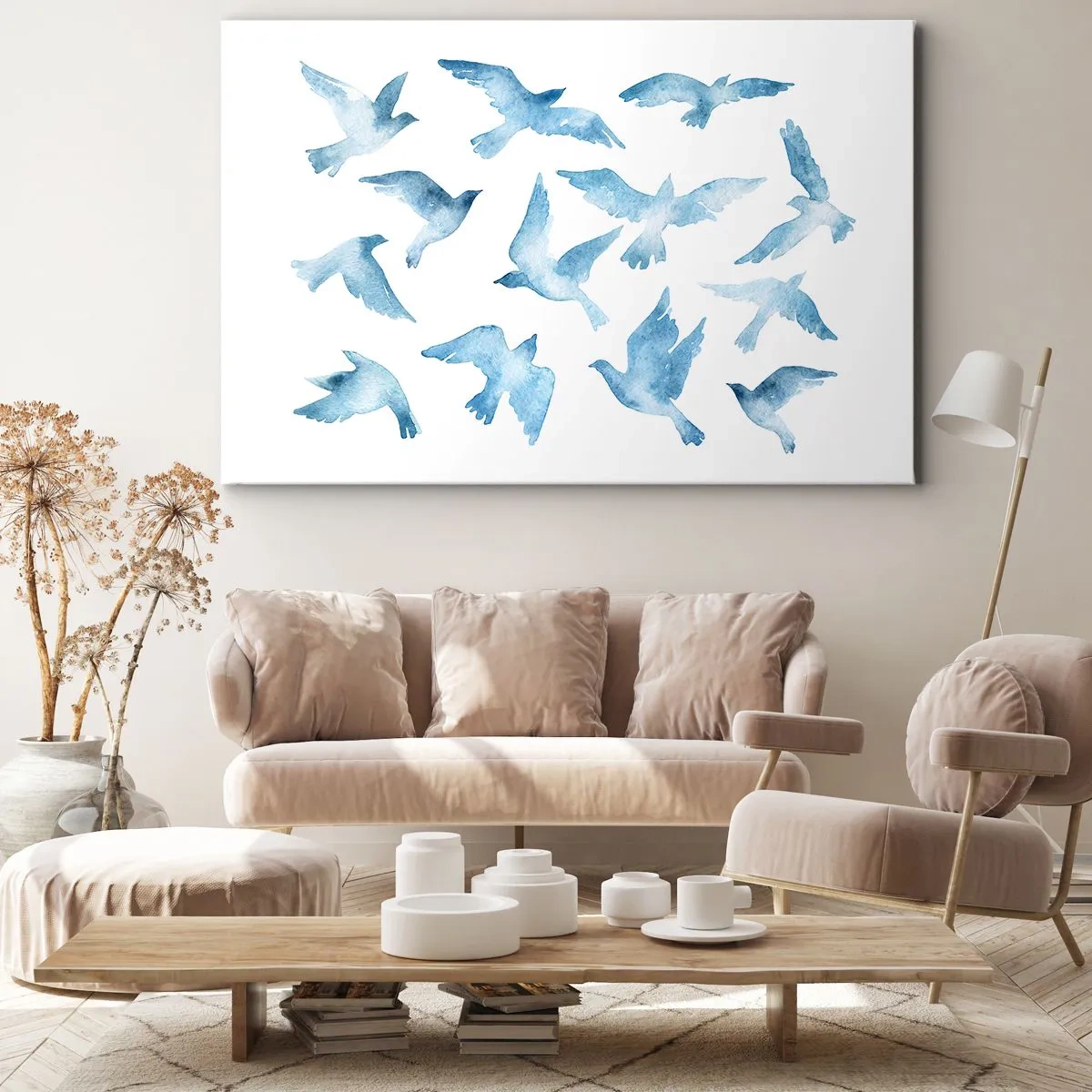 Obraz na plátne - Jemný akvarel zobrazujúci lietajúce vtáky - 70x50cm - Nebeskí vtáci - Moderná nástenná dekorácia do obývacej izby a spálne ARTTOR