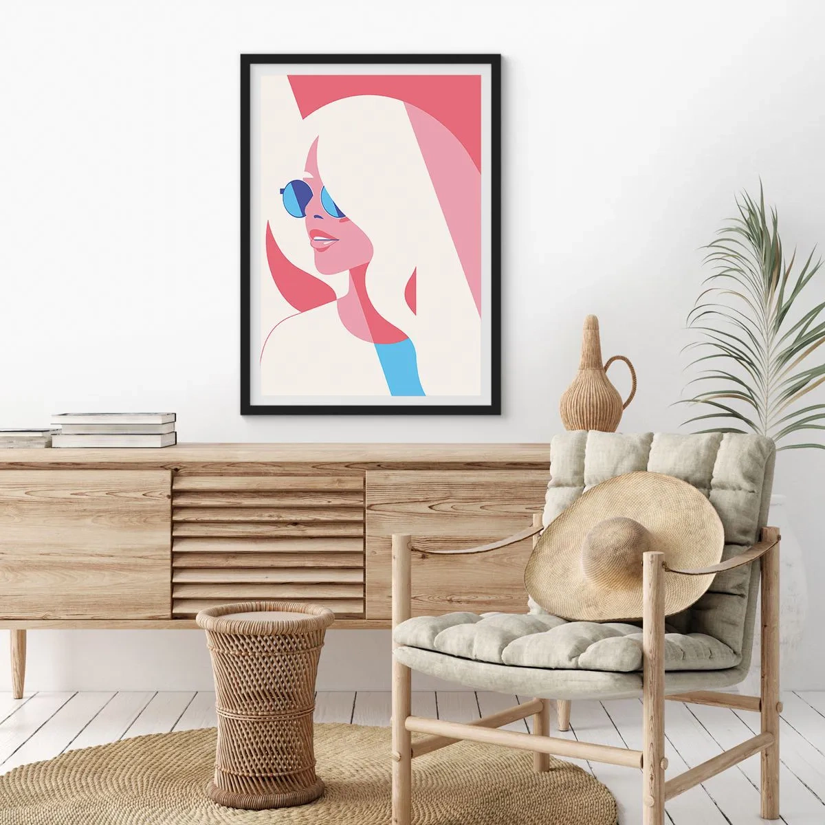 Plagát v čiernom ráme - Štylizovaný portrét ženy so slnečnými okuliarmi - 50x70cm - Bola to blondína… - Moderná nástenná dekorácia do obývacej izby a spálne ARTTOR