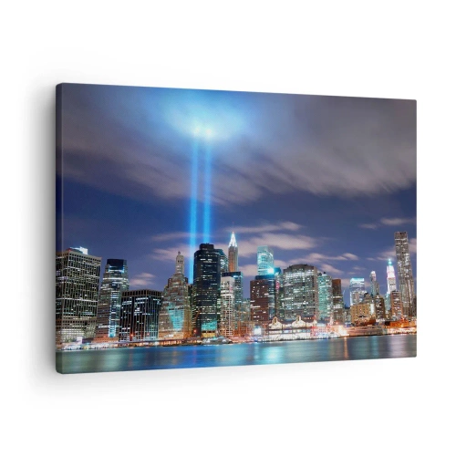 Obraz na plátne - Panoráma nočného mesta s dvoma jasnými lúčmi svetla na oblohe - 70x50cm - Svetlom dosiahnuť nebo - Moderná nástenná dekorácia do obývacej izby a spálne ARTTOR