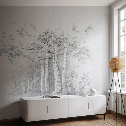 Fototapeta Standard Eco - Ceruzkový náčrt brezových stromov v lese - 100x70cm - Svetlo brezového lesa - Moderná nástenná dekorácia do obývacej izby a spálne ARTTOR