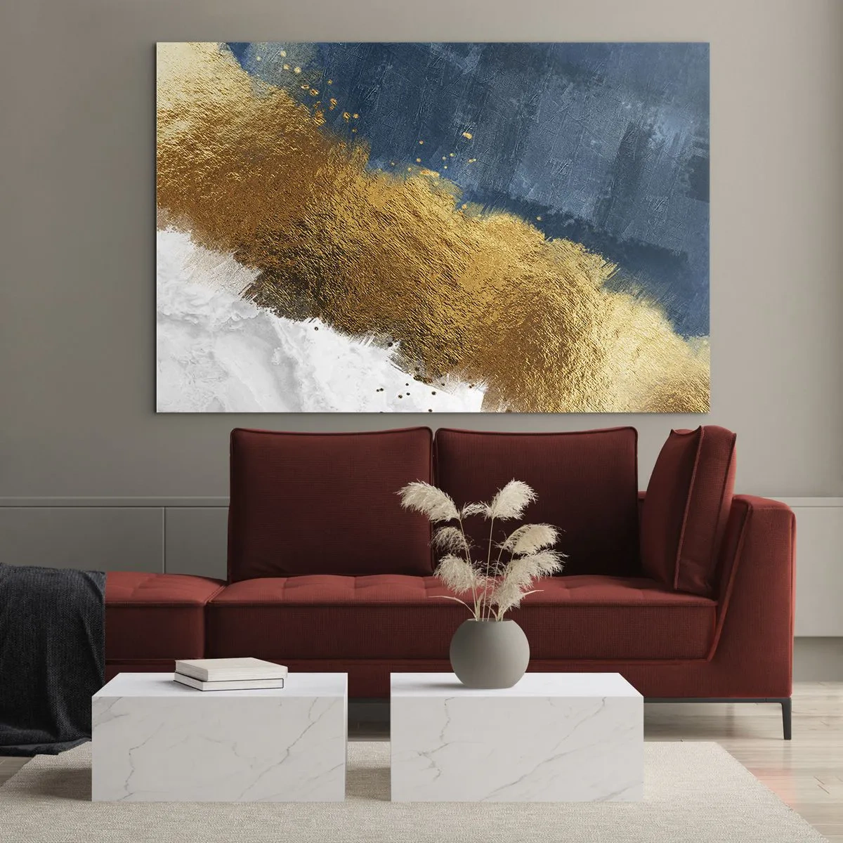 Obraz na skle - Zlaté ťahy farby na námorníckom modrom a bielom pozadí - 70x50cm - Farby leta - Moderná nástenná dekorácia do obývacej izby a spálne ARTTOR