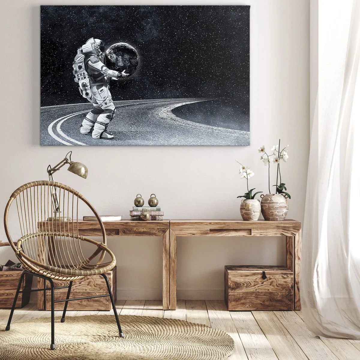 Obraz na plátne - Astronaut so Zemou proti hviezdnej oblohe - 70x50cm - Na Mliečnej dráhe - Moderná nástenná dekorácia do obývacej izby a spálne ARTTOR