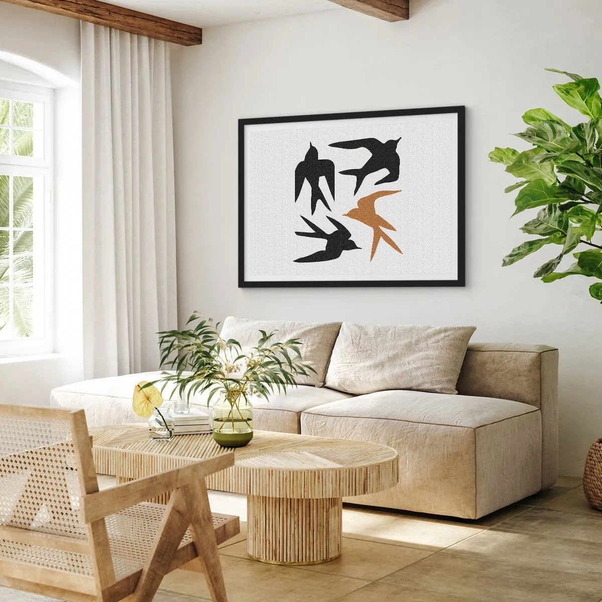 Plagát v čiernom ráme - Lastovičky - 100x70 cm