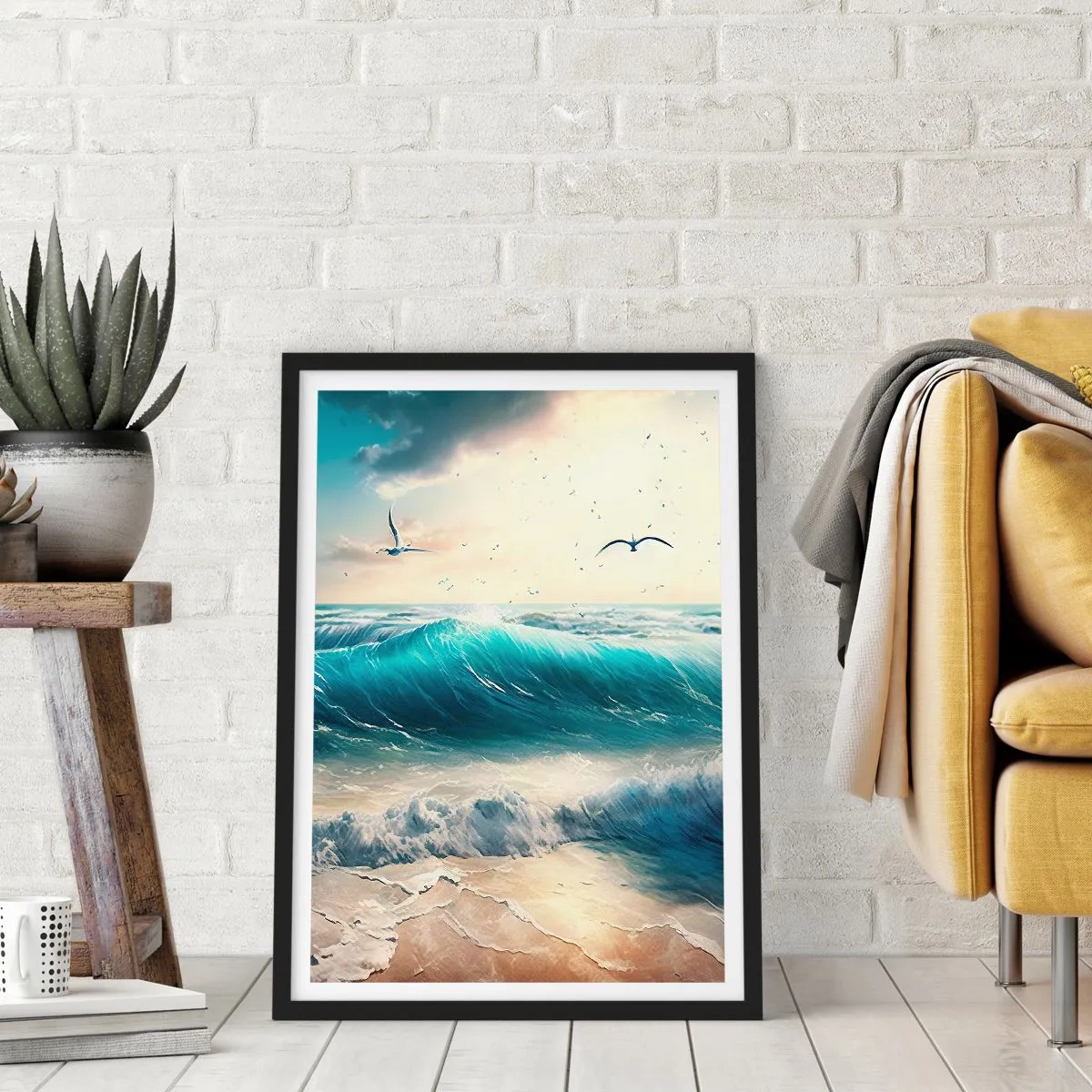 Plagát v čiernom ráme - Tyrkysové vlny narážajúce na pobrežie - 50x70cm - Šušťanie len pre teba - Moderná nástenná dekorácia do obývacej izby a spálne ARTTOR