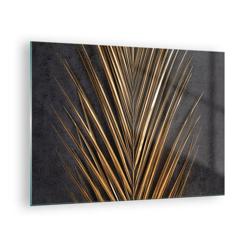 Obraz na skle - Zlatý palmový list na tmavom pozadí - 70x50cm - Zlato trópov - Moderná nástenná dekorácia do obývacej izby a spálne ARTTOR