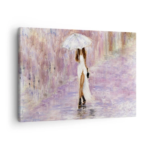 Obraz na plátne - Žena s dáždnikom kráčajúca v daždi v fialových tónoch - 70x50cm - V ľaliovom daždi - Moderná nástenná dekorácia do obývacej izby a spálne ARTTOR