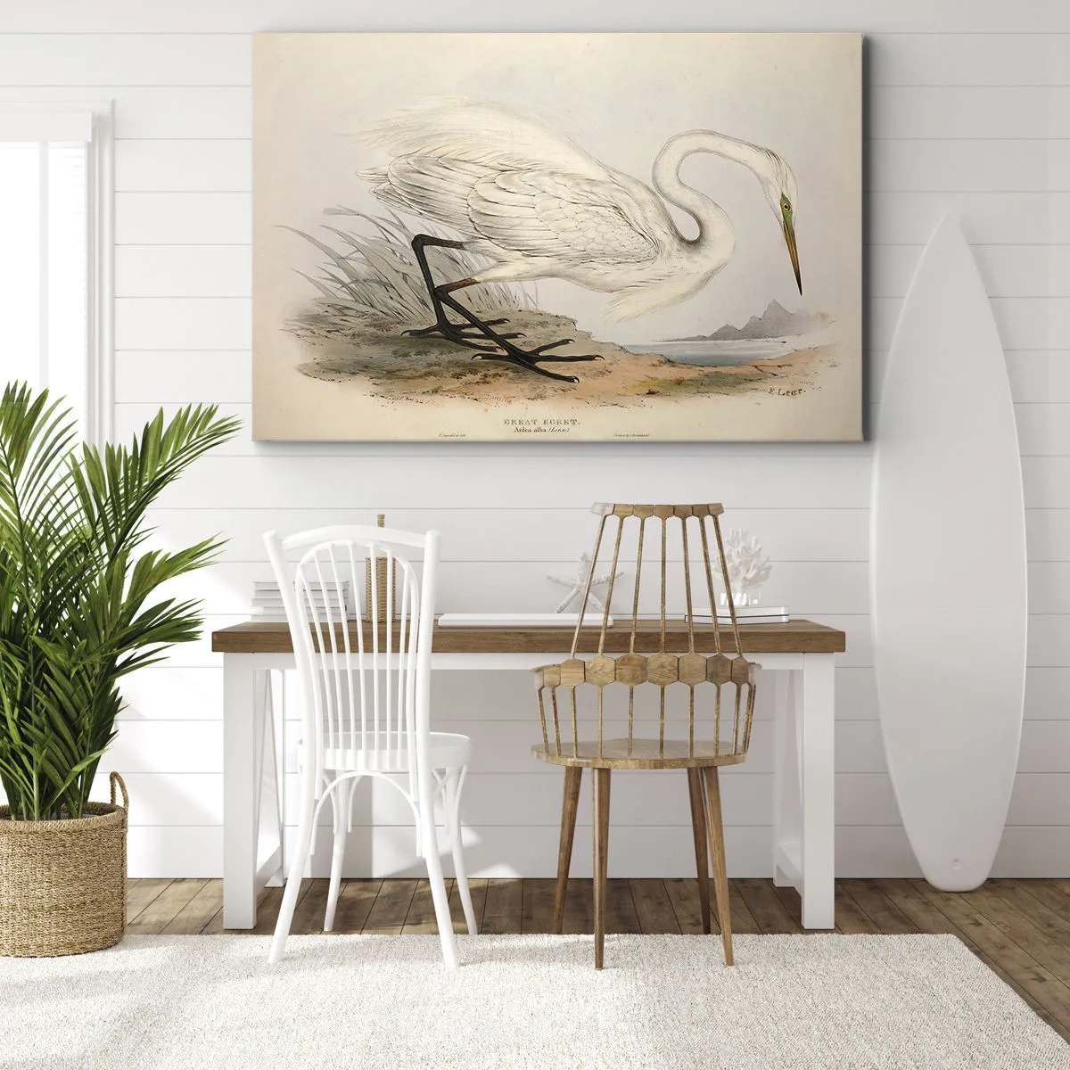 Obraz na plátne - Kresba bielej volavky na pozadí prírodnej krajiny - 70x50cm - Pani rákosín - Moderná nástenná dekorácia do obývacej izby a spálne ARTTOR