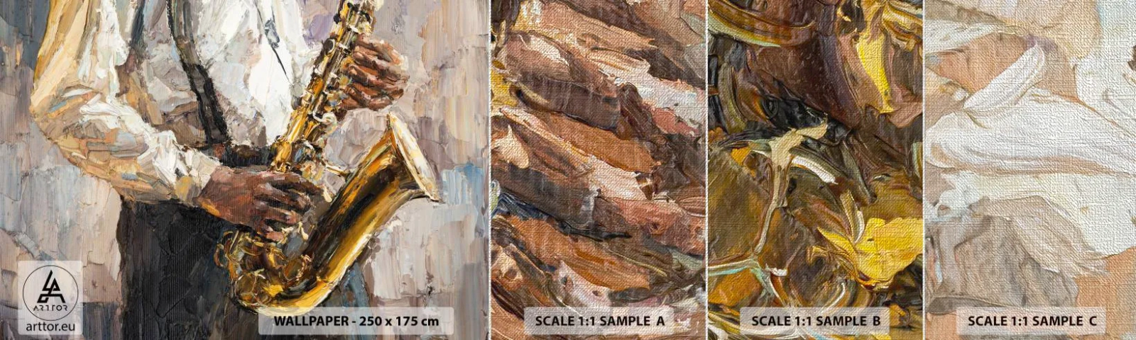 Vzorka fototapety Premium Canvas - Čas na sólovú hru - Saxofón, Hudba, Maľovanie - 100x30 cm