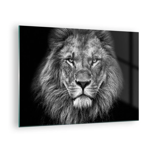 Obraz na skle - Portrét leva v čiernej a bielej farbe s majestátnou hrivou - 70x50cm - V korunovačnom odeve - Moderná nástenná dekorácia do obývacej izby a spálne ARTTOR