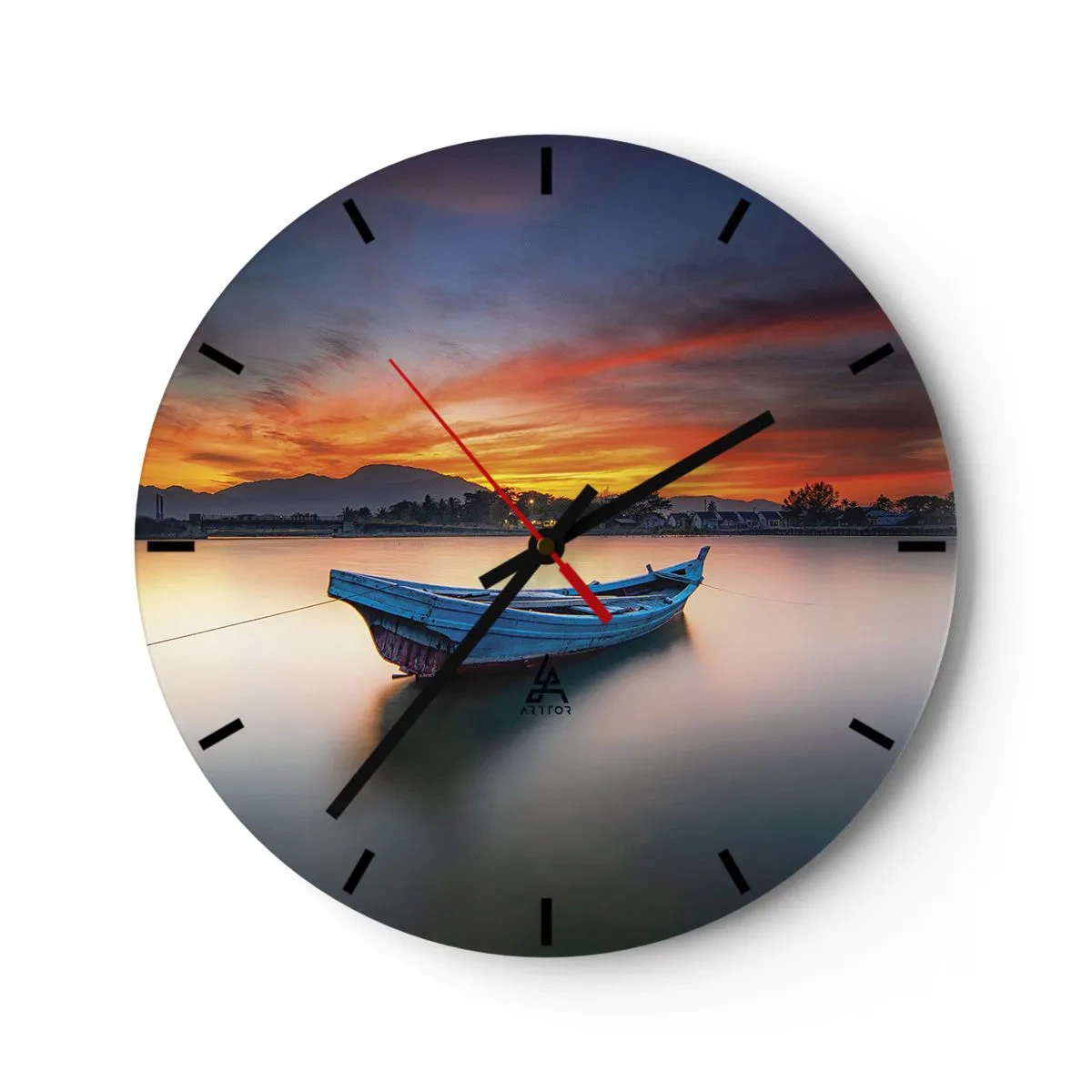 Nástenné hodiny - Loď na pokojnej vode pri západe slnka - 30x30cm - Blíži sa dobrá noc - Moderná nástenná dekorácia do obývacej izby, kuchyne a spálne ARTTOR