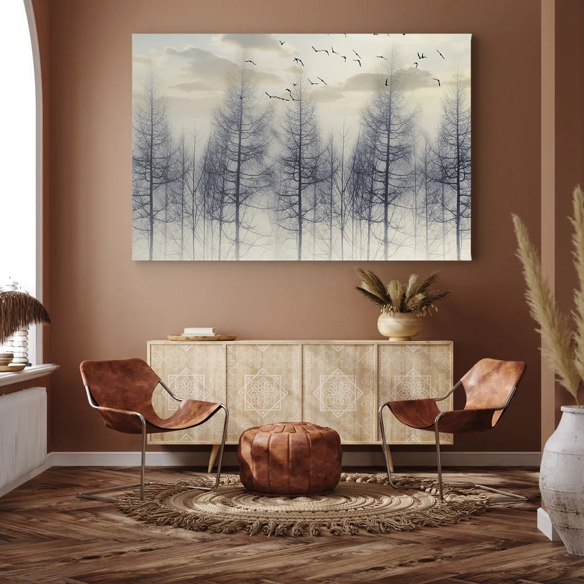 Obraz na plátne - Hmlistý les s vtákmi na pozadí západu slnka - 70x50cm - Duchovia lesa - Moderná nástenná dekorácia do obývacej izby a spálne ARTTOR