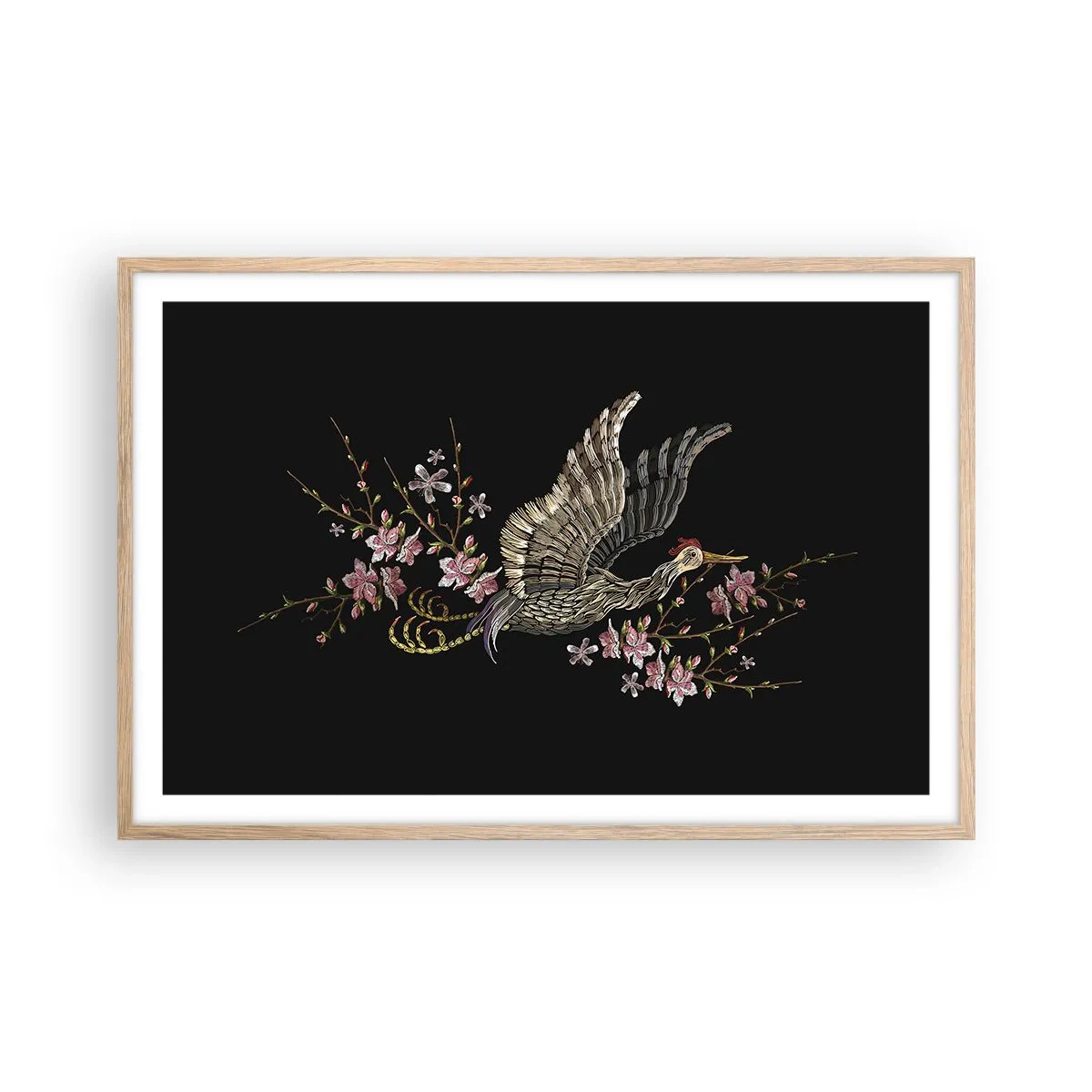 Plagát v ráme zo svetlého duba - Exotický vyšívaný vták - 91x61 cm