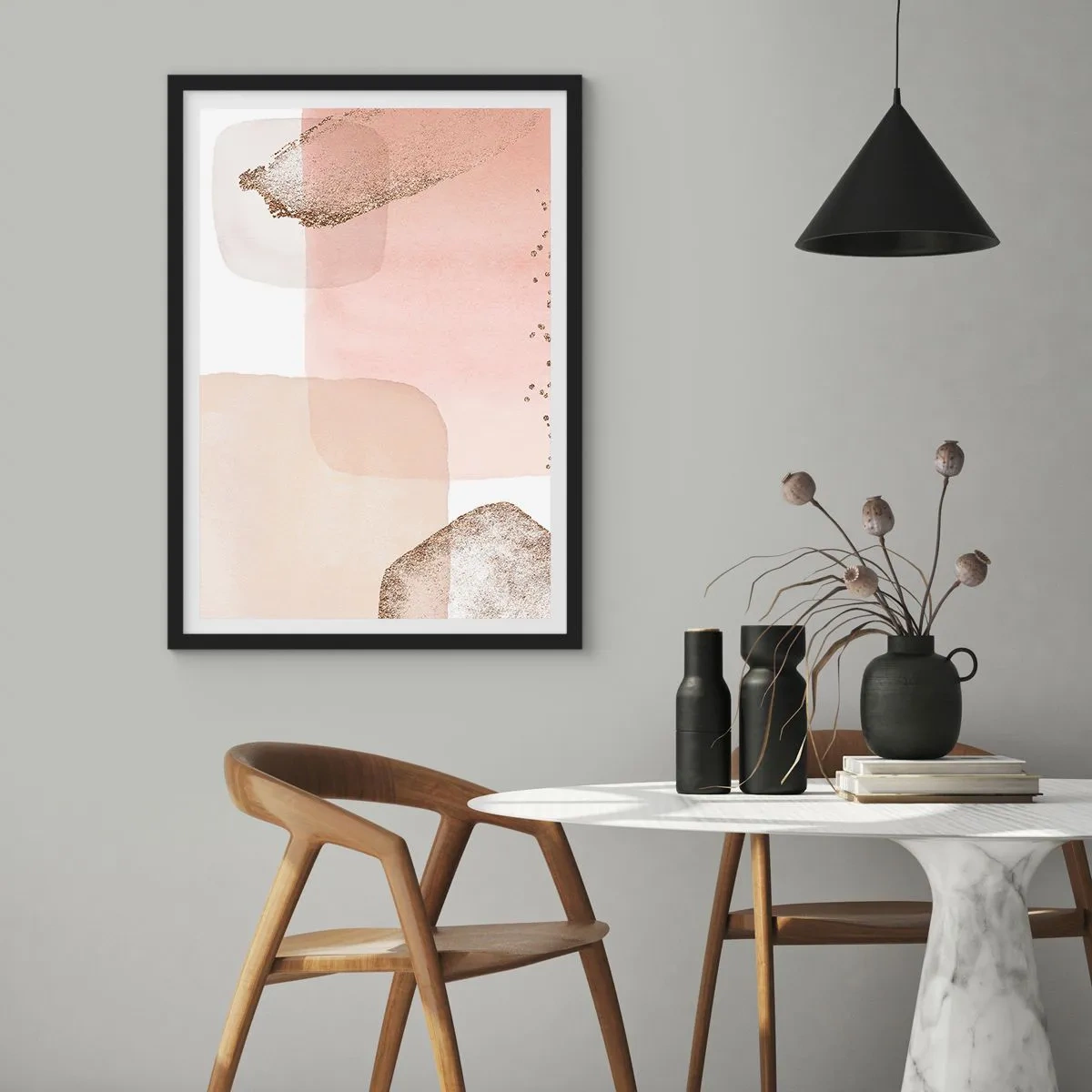 Plagát v čiernom ráme - Pastelové tvary s jemným zlatým akcentom - 50x70cm - Pohľad cez farby - Moderná nástenná dekorácia do obývacej izby a spálne ARTTOR