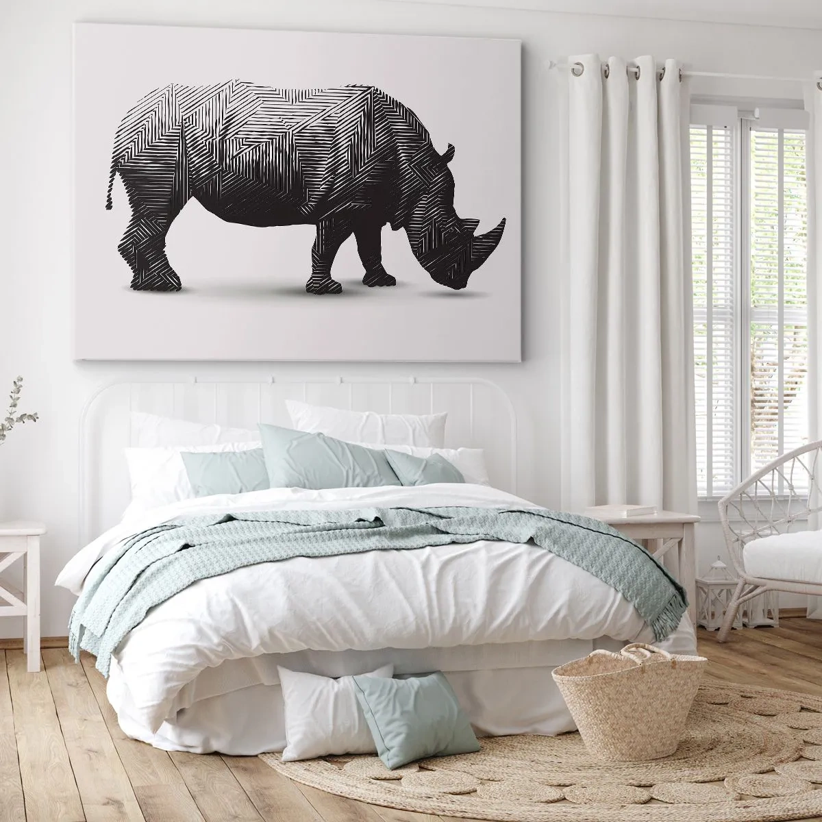 Obraz na plátne - Grafická silueta nosorožca v čiernobielom vzore - 70x50cm - Geometrická krása prírody - Moderná nástenná dekorácia do obývacej izby a spálne ARTTOR