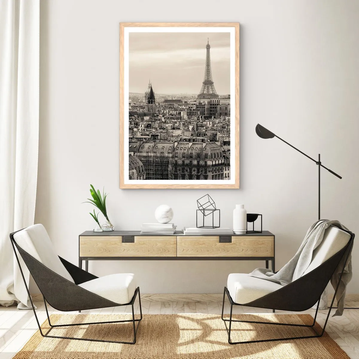 Plagát v ráme zo svetlého duba - Nad strechami Paríža - 50x70 cm