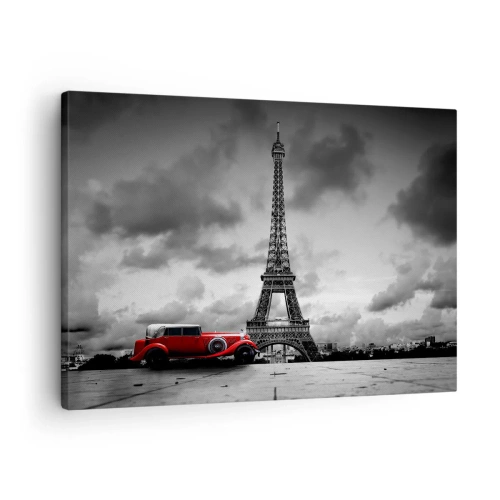 Obraz na plátne - Červené retro auto pred Eiffelovou vežou v čiernobielej farbe - 70x50cm - Nie tak dávno v Paríži - Moderná nástenná dekorácia do obývacej izby a spálne ARTTOR