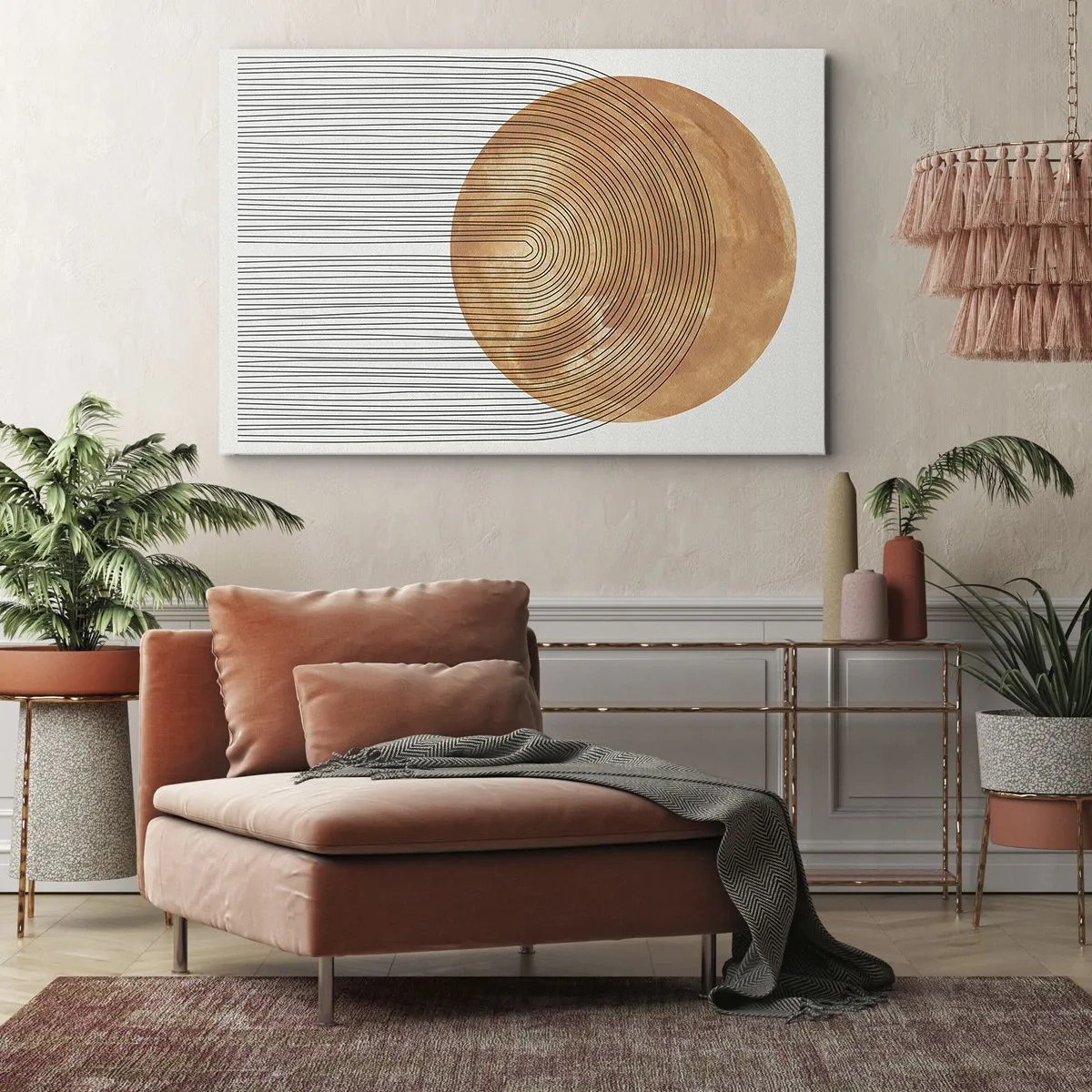 Obraz na plátne - Geometrická kompozícia s kruhmi a čiarami v teplých farbách. - 70x50cm - Slnečná kompozícia - Moderná nástenná dekorácia do obývacej izby a spálne ARTTOR