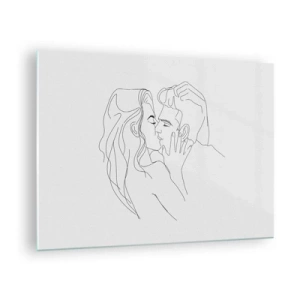 Obraz na skle - Minimalistická kresba romantického bozku páru - 70x50cm - Jedným ťahom - Moderná nástenná dekorácia do obývacej izby a spálne ARTTOR
