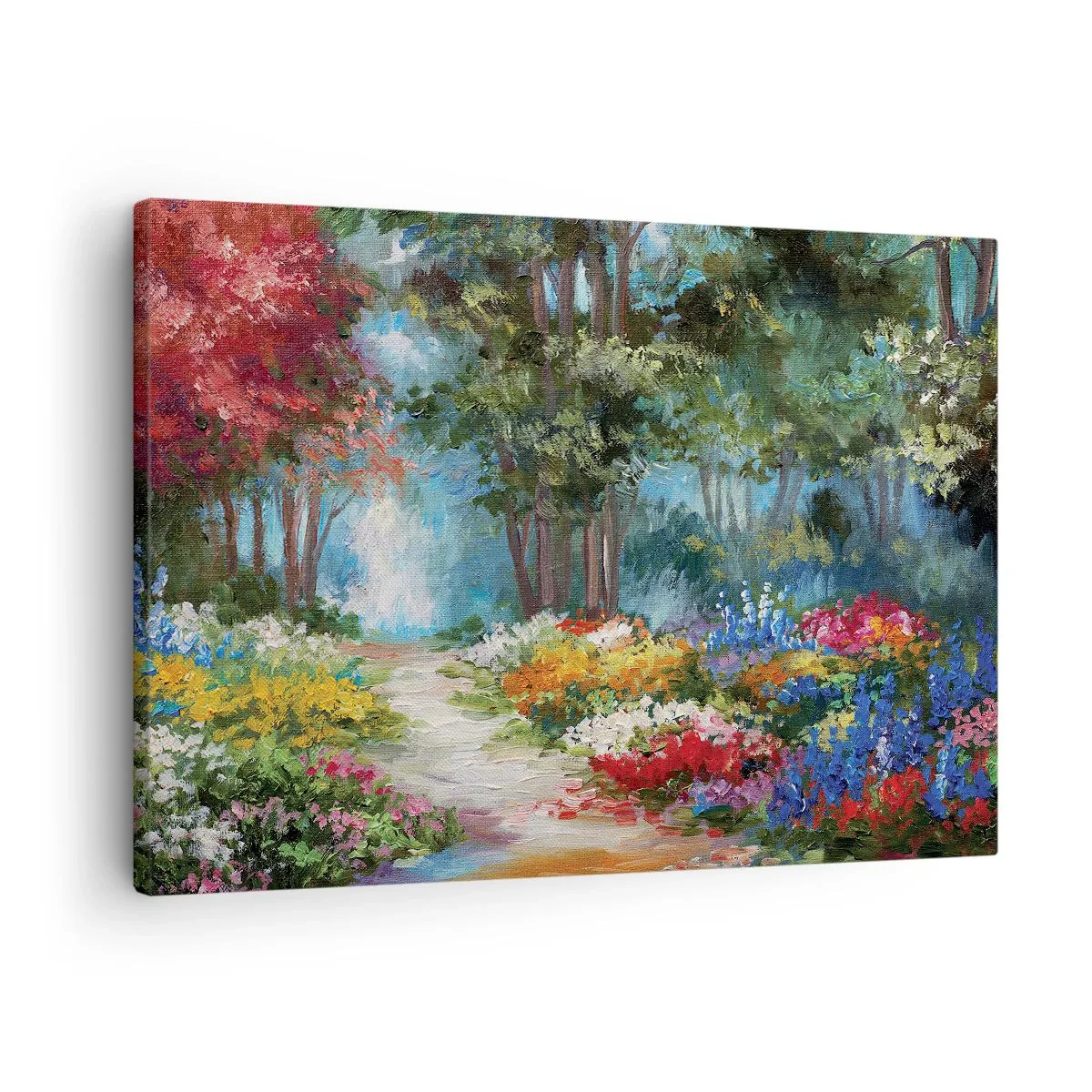 Obraz na plátne - Malebná záhrada plná farebných kvetov a stromov v lesnom prostredí - 70x50cm - Lesná záhrada, kvetinový les - Moderná nástenná dekorácia do obývacej izby a spálne ARTTOR